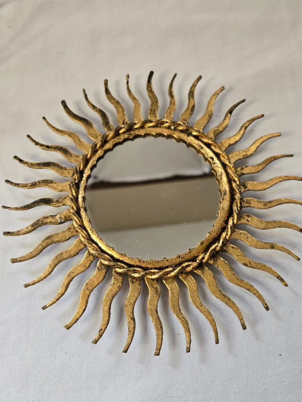 Sun Mirror in Metal Rustic Gold Aged Paint Vintage Made in Spain